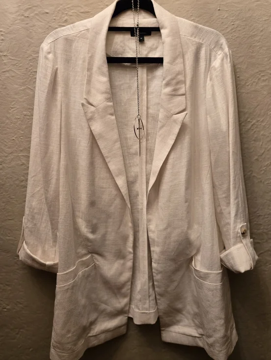 Linen Blend Blazer White Open Front Minimalist Chic Layering Jacket - Picture 1 of 10